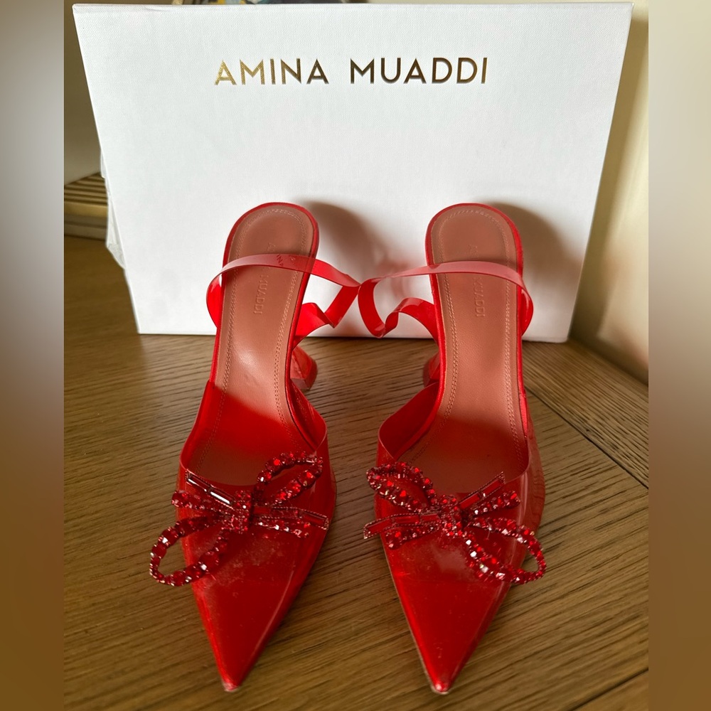 Amina Muaddi Rosie Crystal-Embellished Transparent Slingback Pumps size 36.5